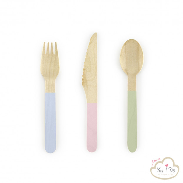 18 WOODEN CUTLERY PASTEL MIX